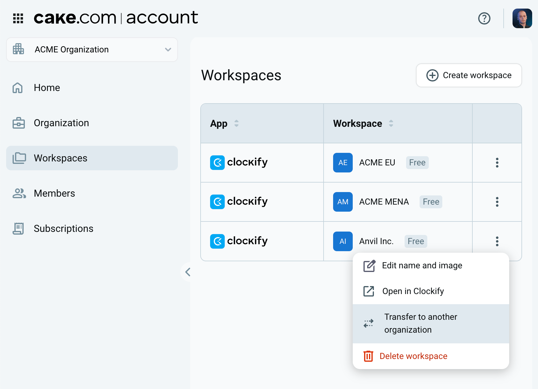 transfer workspaces between organizations