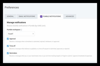Clockify: Pumble Preferences