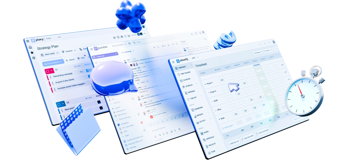 Run a tight business using 3 integrated apps: Pumble, Plaky, and Clockify