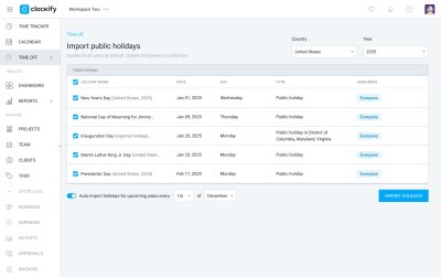 Clockify: Import public holidays