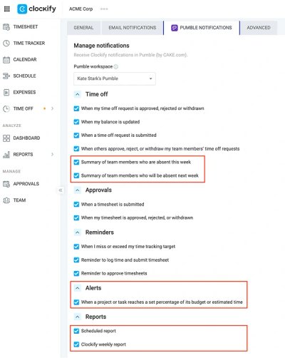 Managing Pumble Notifications using Clockify Integrations