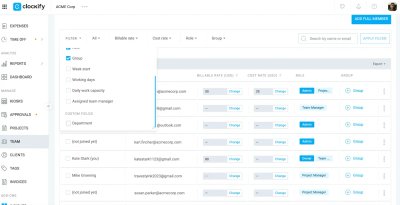 Clockify: Filter team by user custom fields