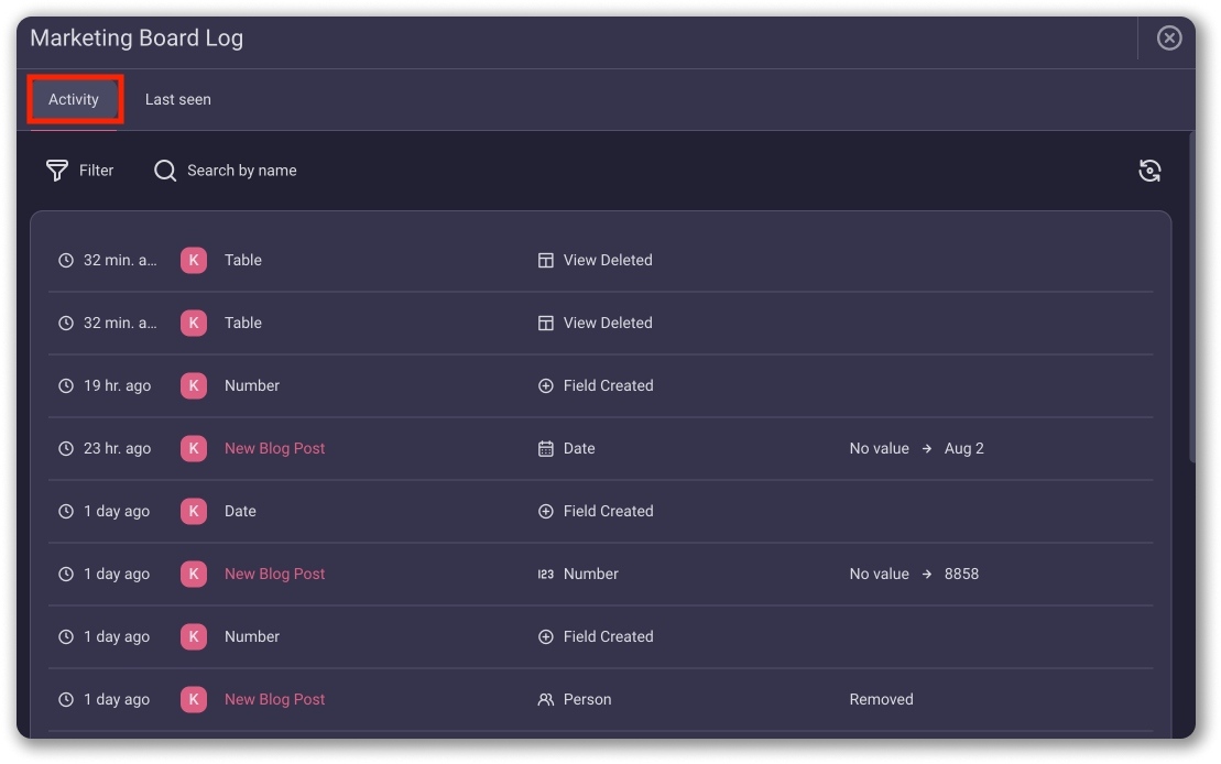 Activity log in Plaky