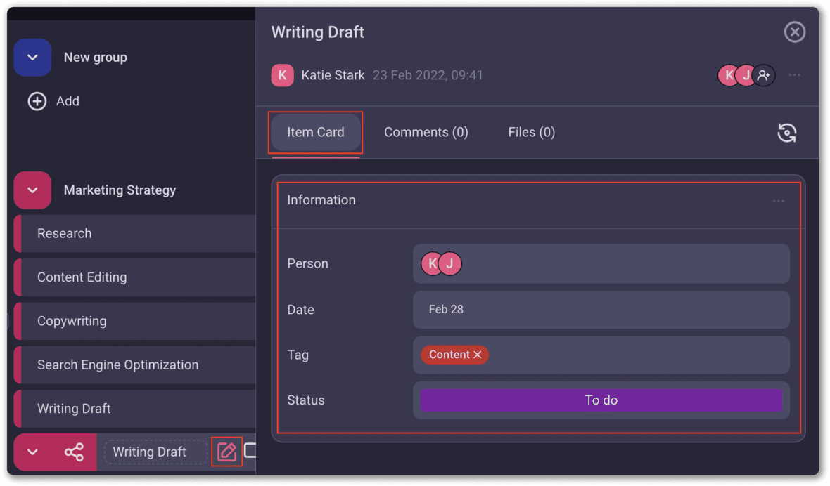 A card in Plaky with comments and files