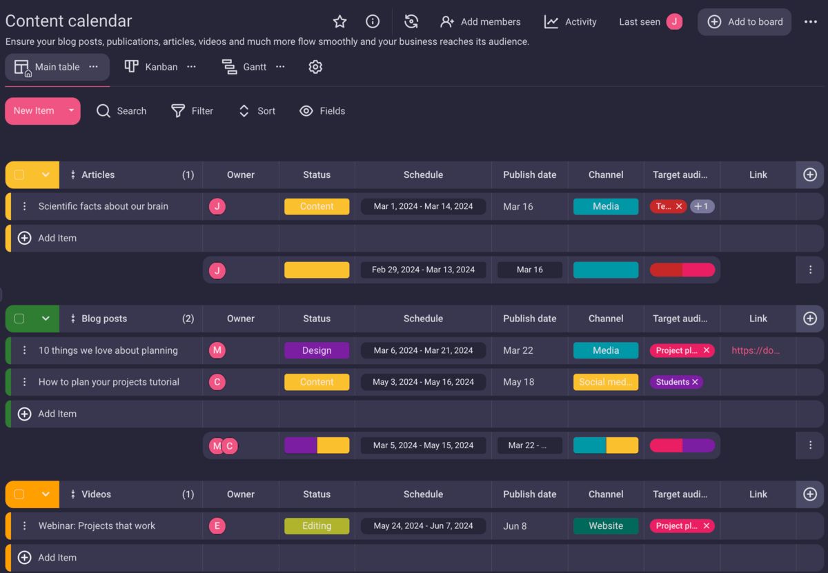 Content calendar template in Plaky