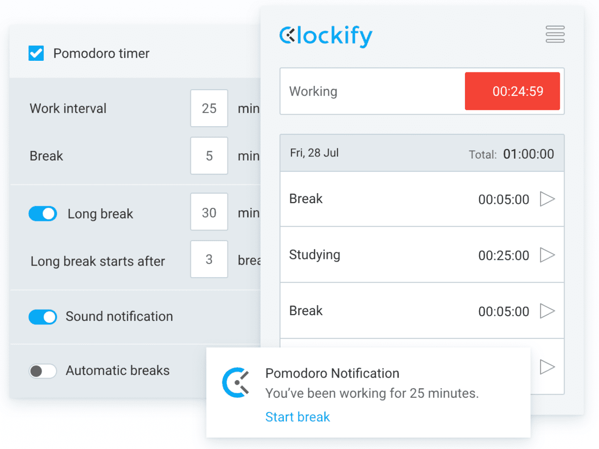 Clockify’s Pomodoro timer add-on