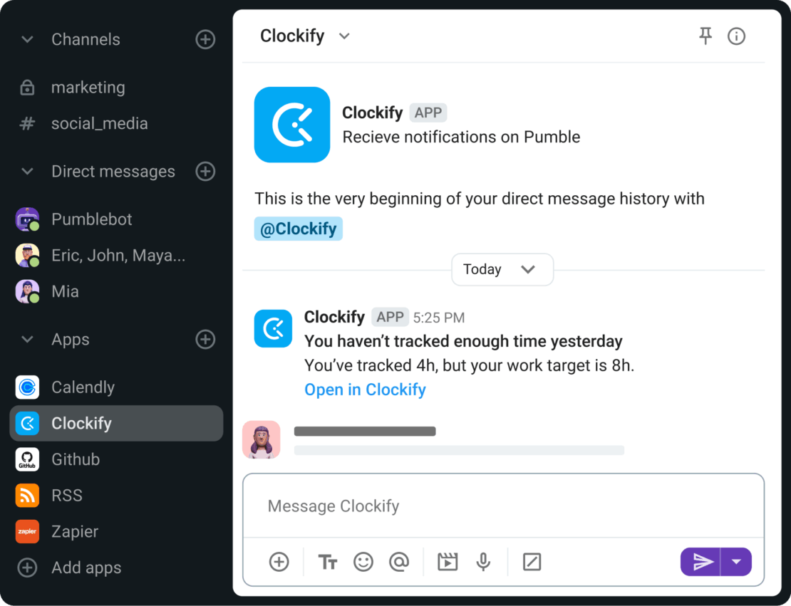 an image of a Pumble chat where we can see a message from Clockify about not having tracked enough time