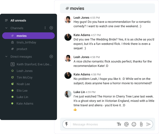 An image of a Pumble chat where colleagues discuss their favorite movies
