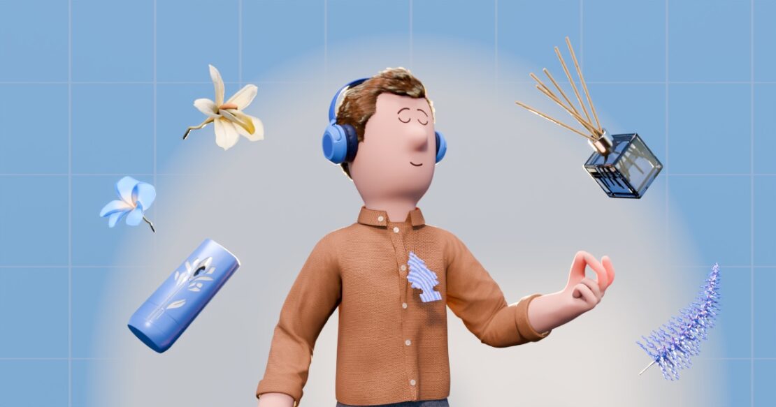 an employee wearing noise-cancelling headphones looking peaceful