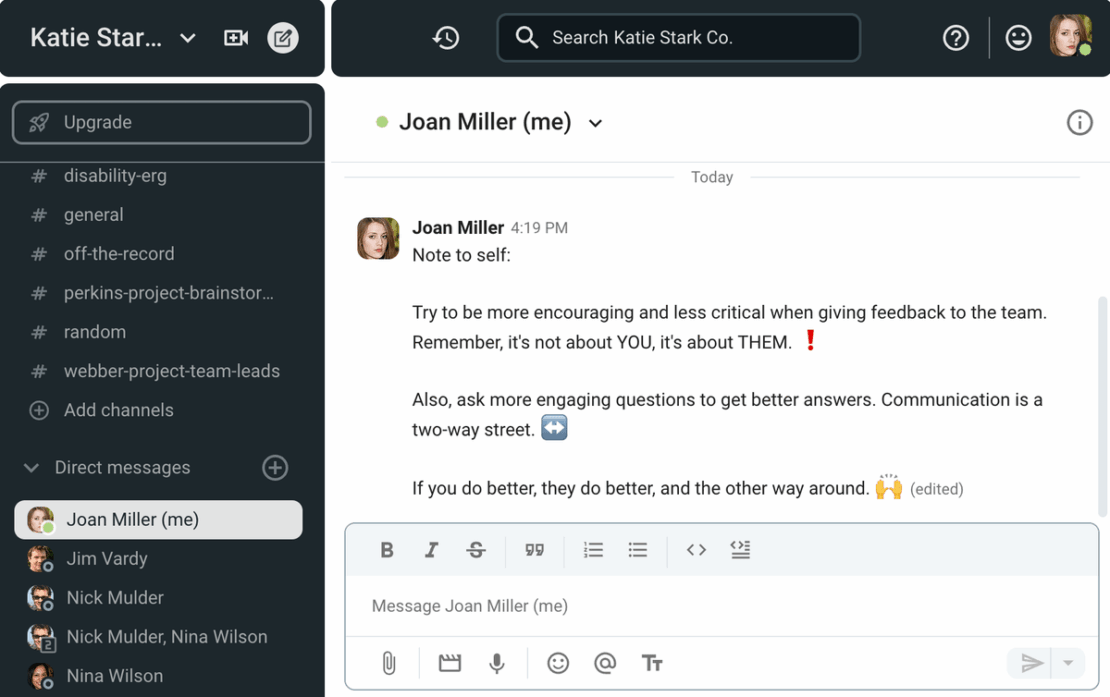 an image of a Pumble chat, where a woman wrote a reminder to herself about the best leadership practices
