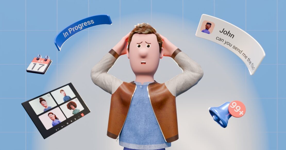 an employee standing in a swirl of different stimuli, such as deadlines, images, and notifications