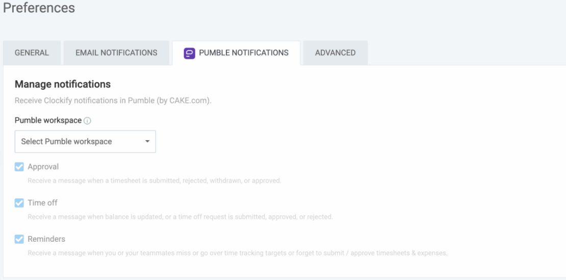 the image shows the preferences section in the Clockify app, and options for Approval, Time off, and Reminders to choose from