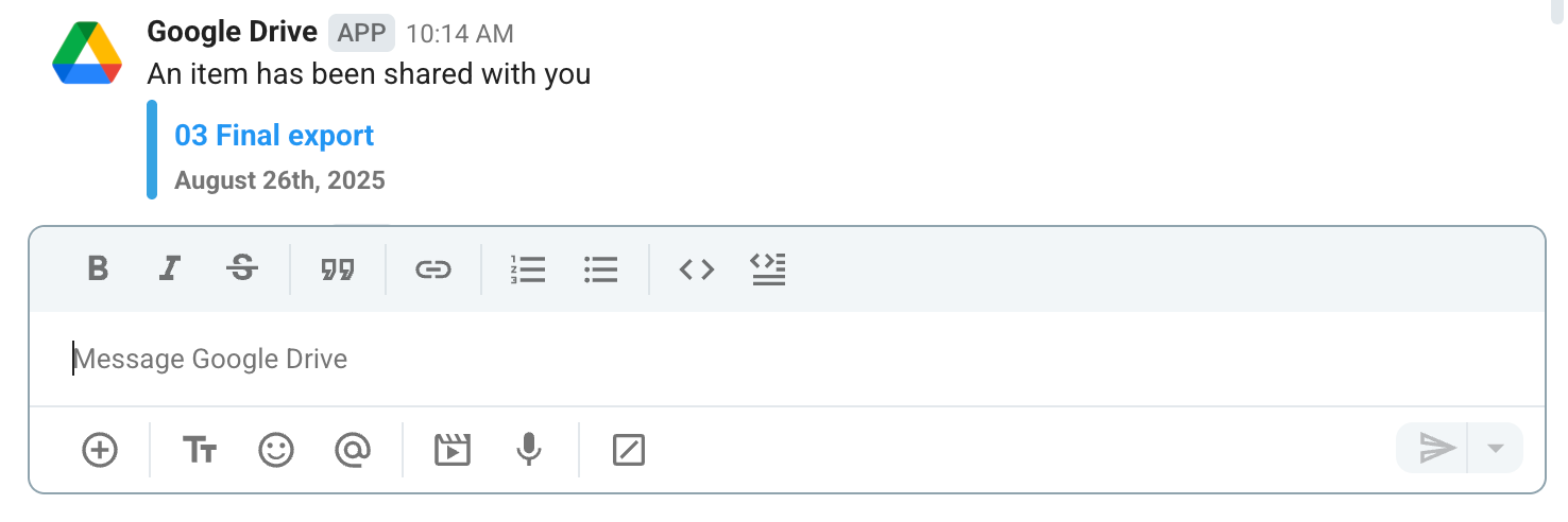 Google Drive integration sending file sharing DM notification on Pumble