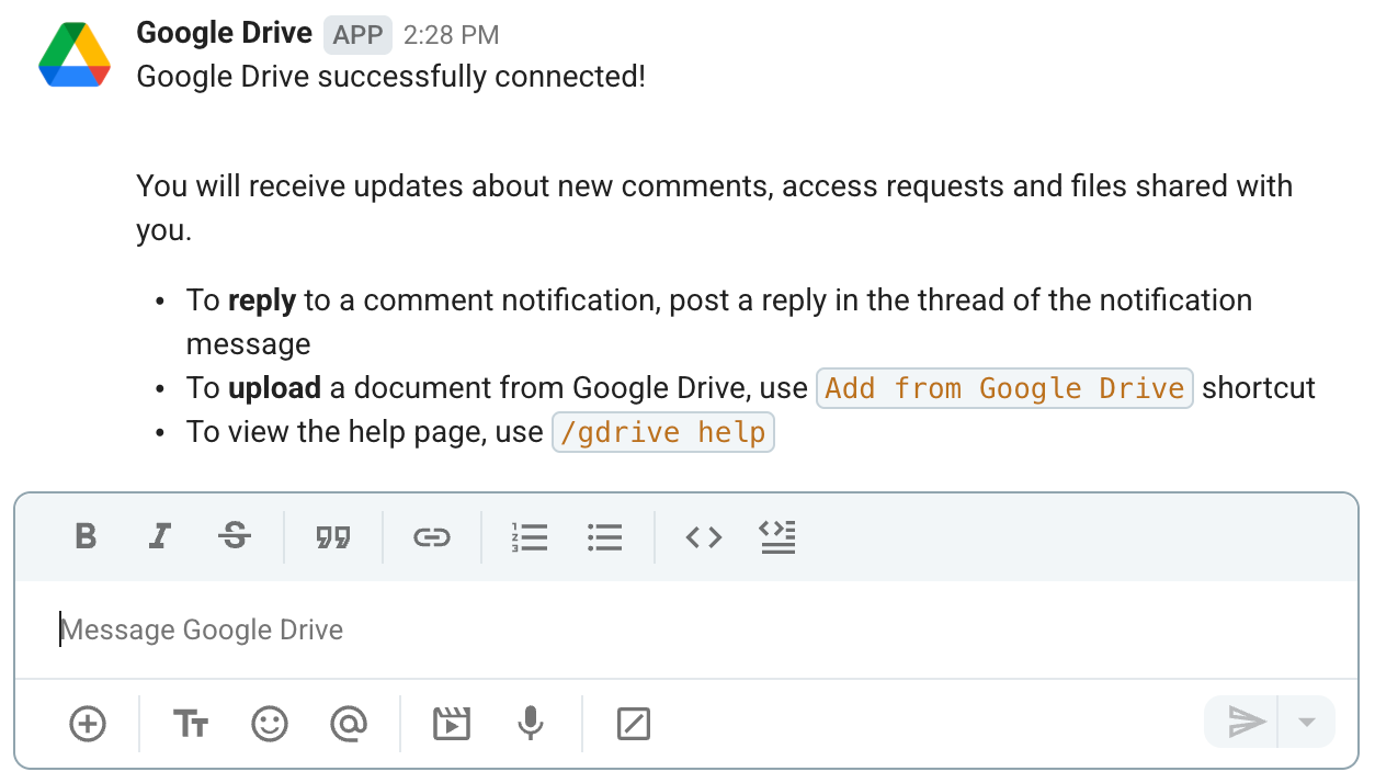 Message you get when you’ve successfully authorized the Google Drive integration on your Pumble account