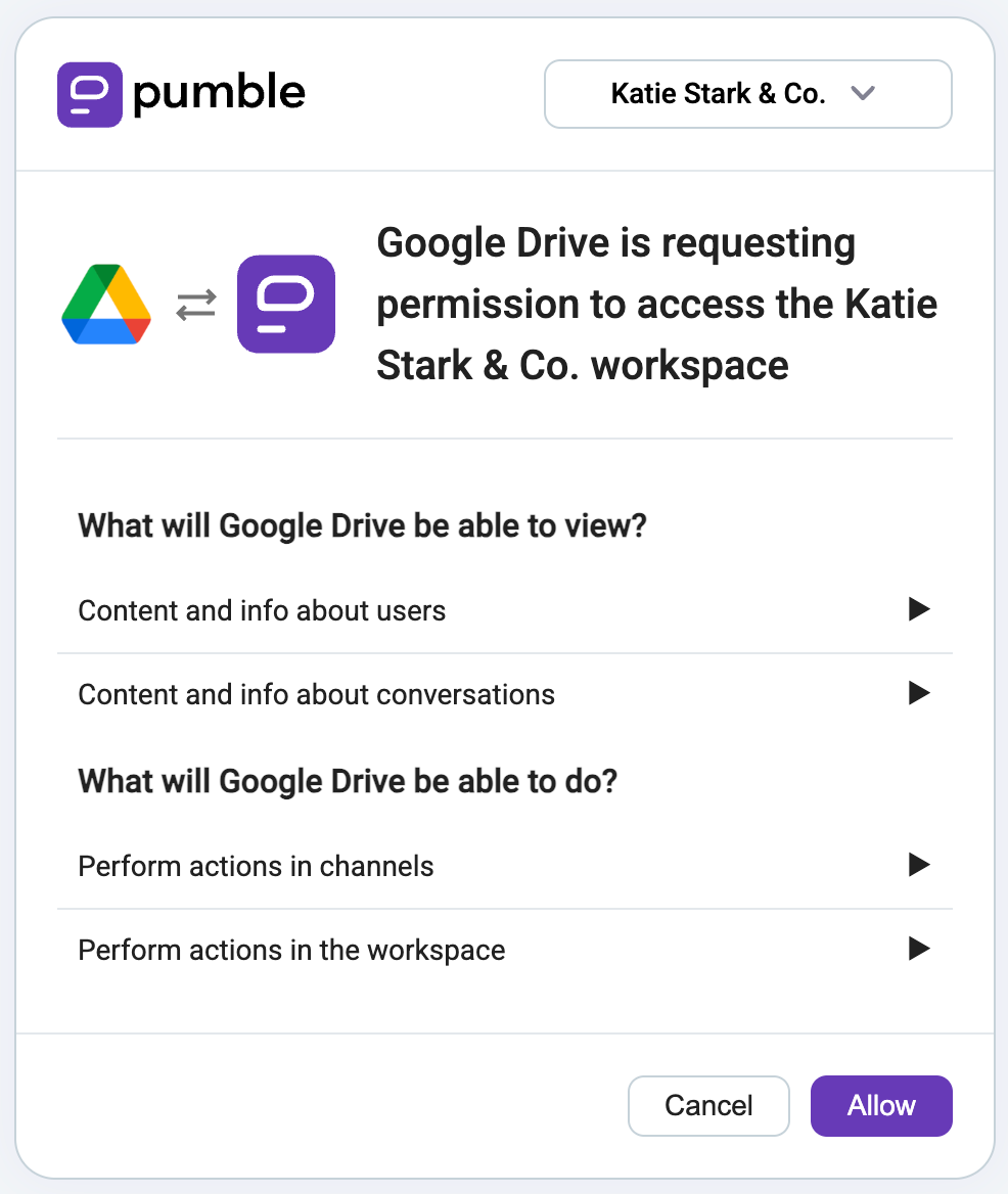 Permissions that the Google Drive integration for Pumble needs