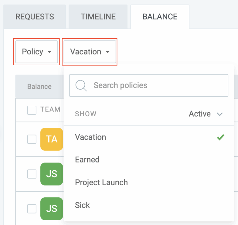 Click on Policy to manage time off balance