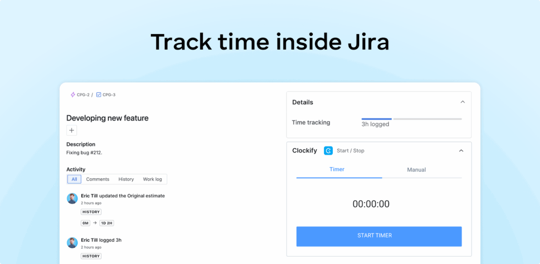Experience Clockify’s great features without leaving Jira’s UI