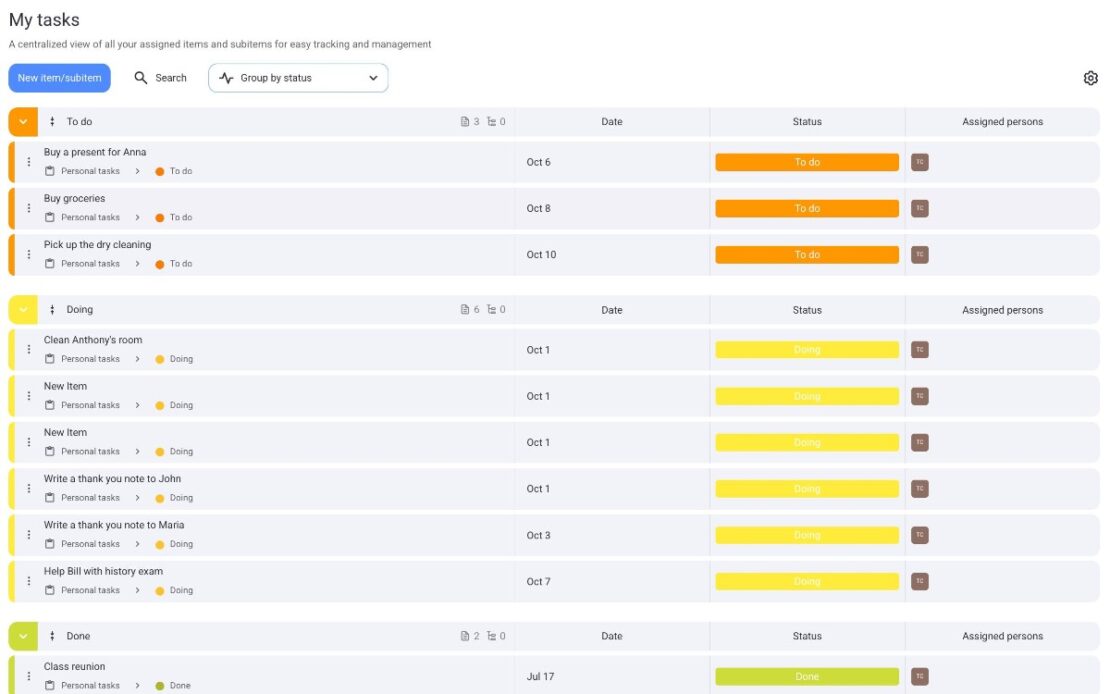 Tasks grouped by To Do, Doing, and Done status