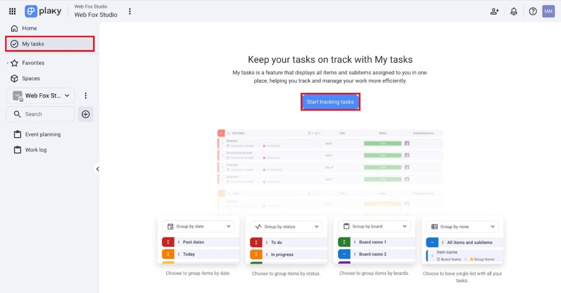 My tasks's opening page