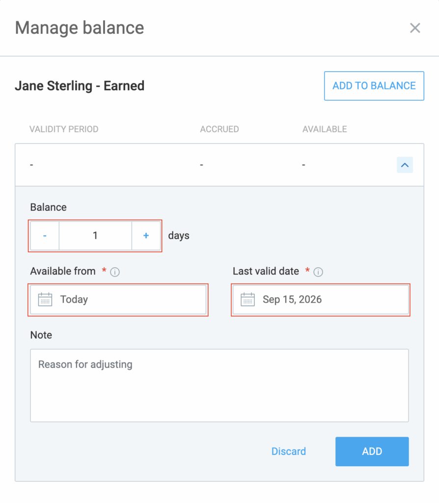 Define validity periods for time off balance