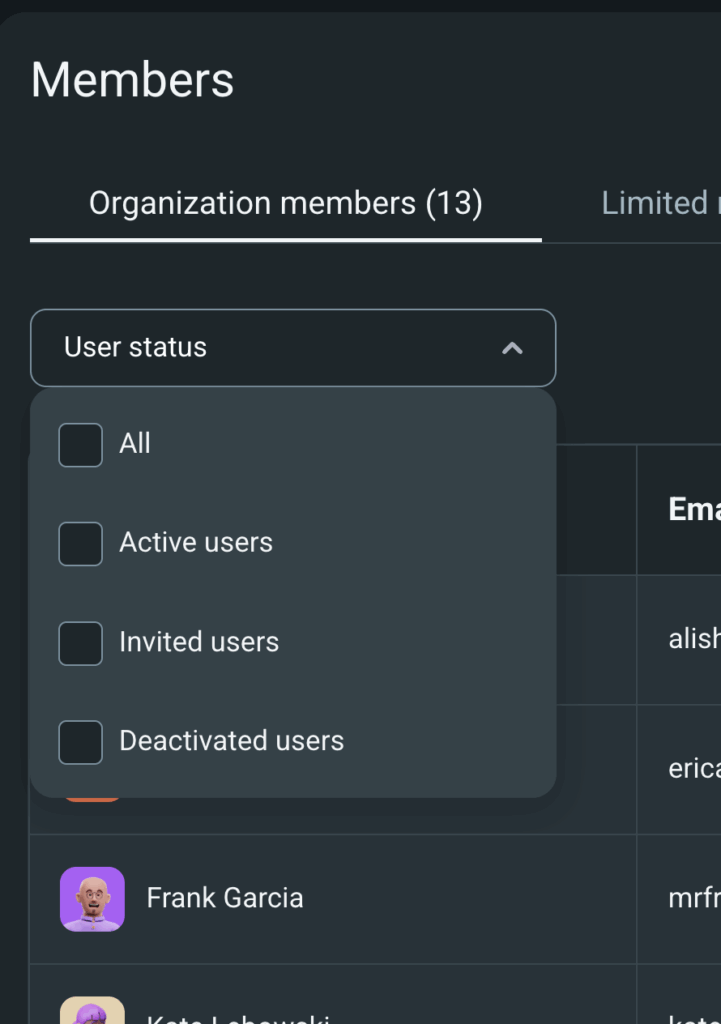 Member's page user status options