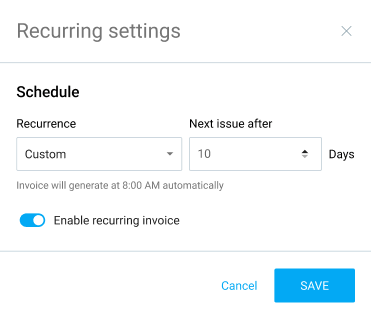 The scheduling section for recurring invoices