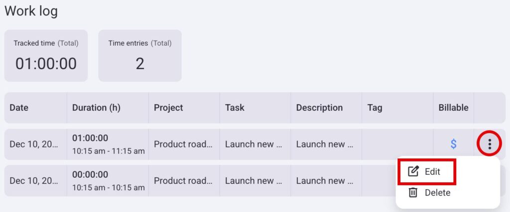 Editing time entries in Plaky