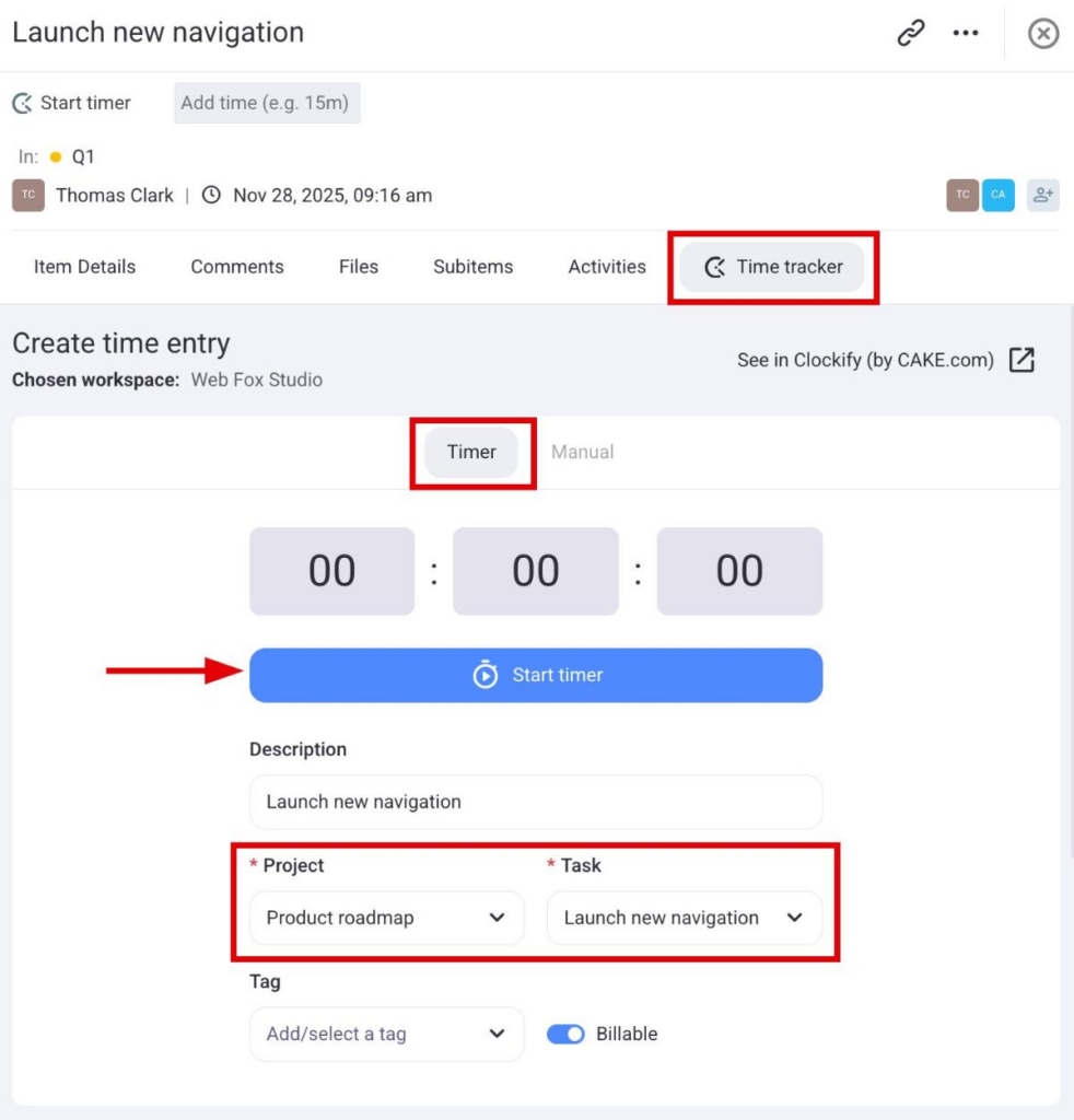 Plaky-Clockify integration timer