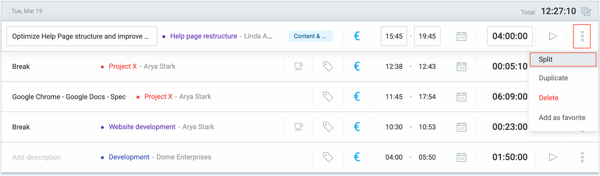 How to use the split time entry feature in Clockify