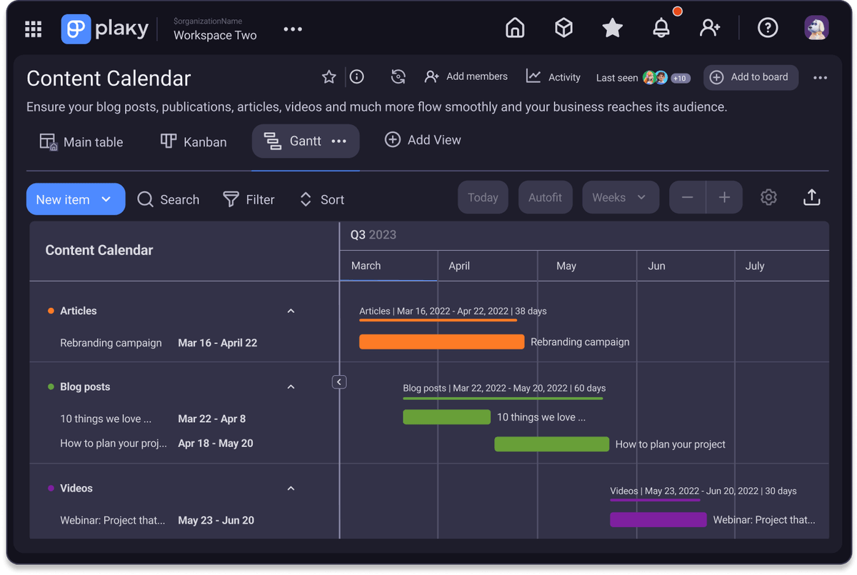 Plaky's Gantt chart view