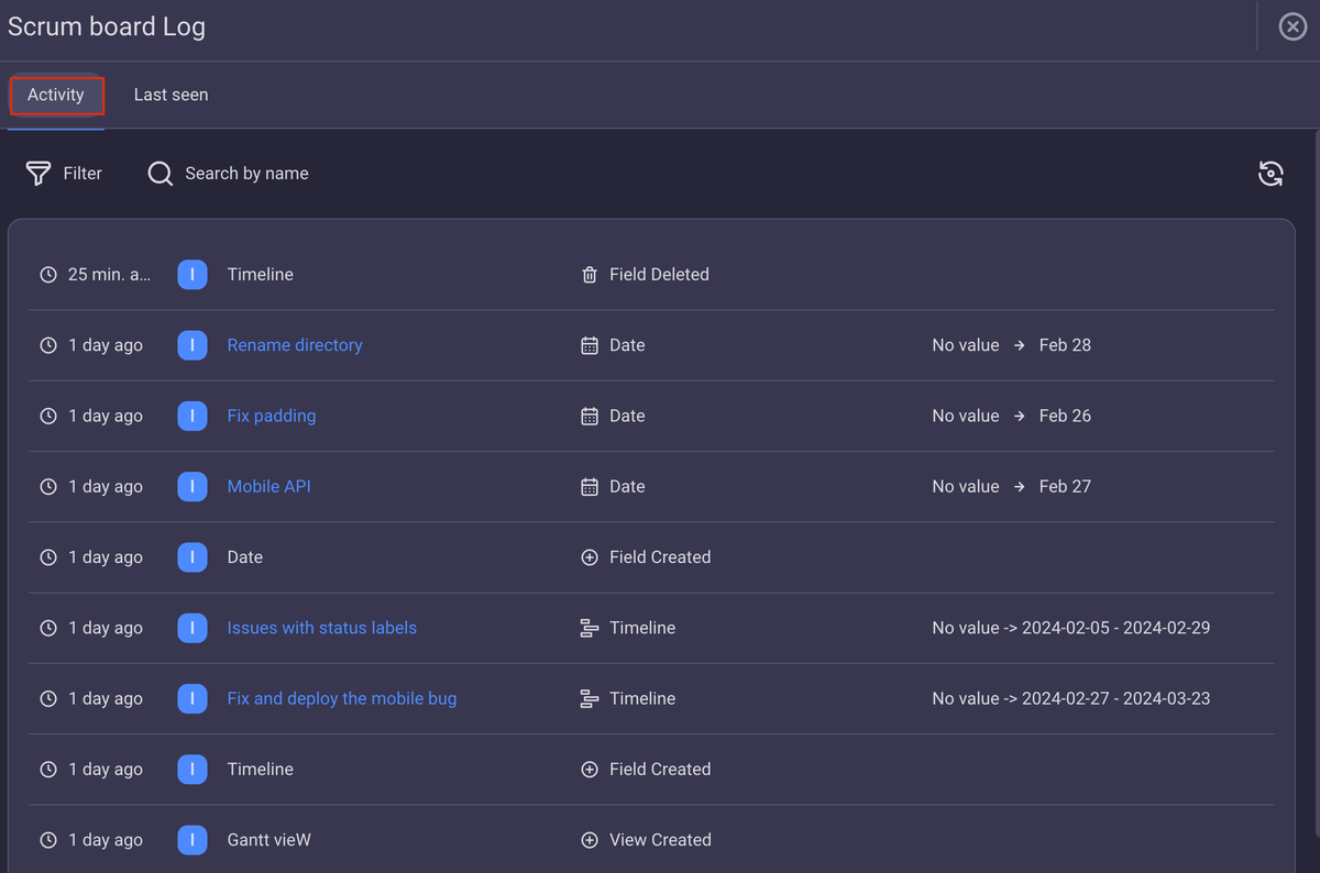 Plaky's activity log