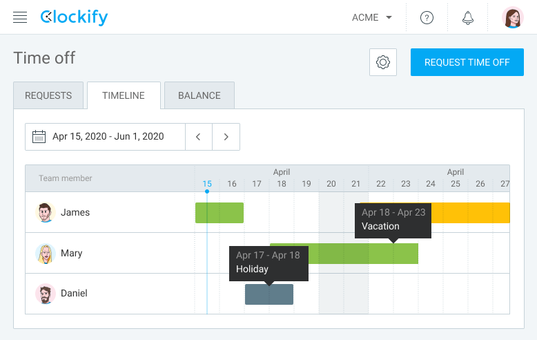 Tracking employee time off in Clockify